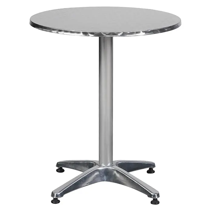 Ebuy24 Gartentisch rund Bistro - Ø x H: 60 x 70 cm, Aluminium, rostfreier Stahl, Silber, Stapelbar - Runder Silbertisch aus Metall mit gehämmertem Rand und sternförmigem Sockel.