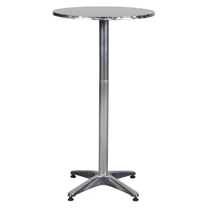 Ebuy24 Gartentisch rund Bistro - Ø x H: 60 x 70 cm, Aluminium, rostfreier Stahl, Silber, Stapelbar - Silberner Stehtisch aus Metall mit runder Platte und sternförmigem Vierfuß.