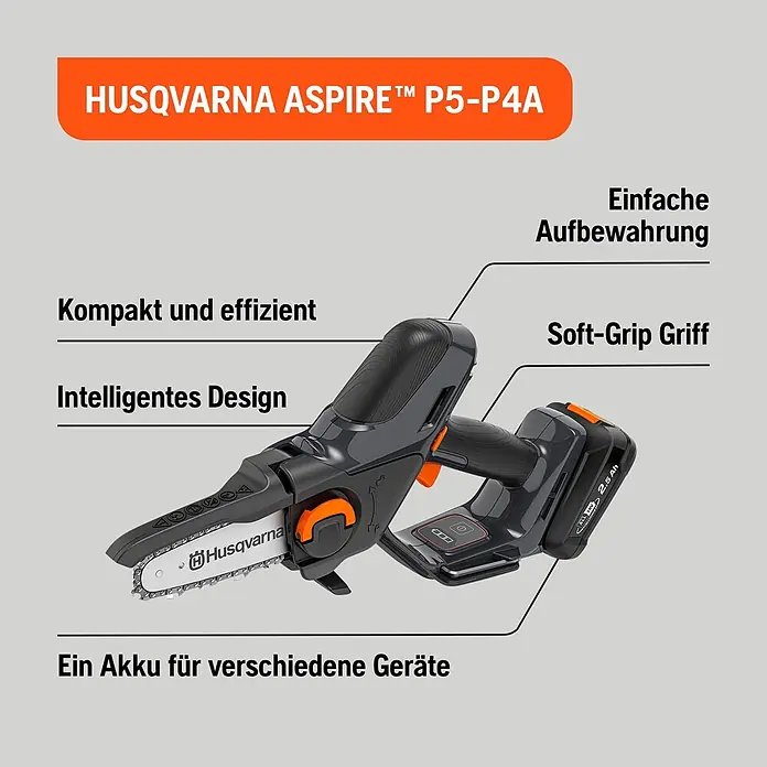 Husqvarna Akku-Kettensäge Aspire P5-P4A - 18 V, 2,5 Ah, Li-Ionen, 1 Akku, Schwertlänge: 12 cm - Husqvarna Aspire P5-P4A Minikettensäge, dunkelgrau mit orangefarbenen Akzenten, mit Akku.