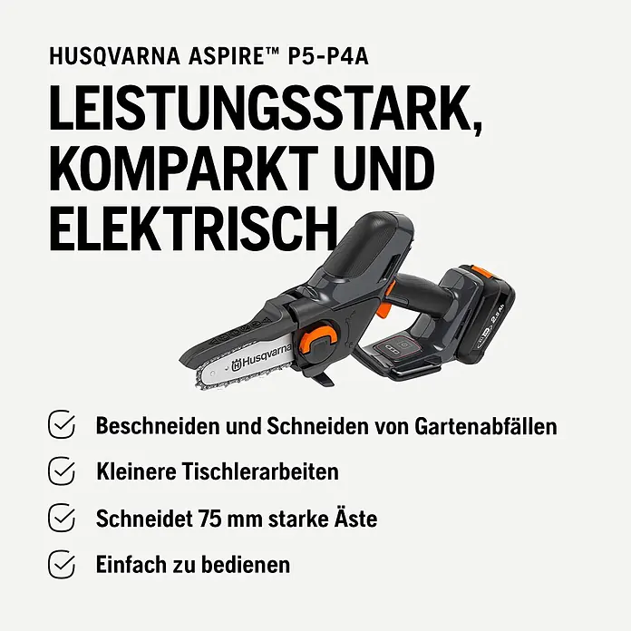 Husqvarna Akku-Kettensäge Aspire P5-P4A - 18 V, 2,5 Ah, Li-Ionen, 1 Akku, Schwertlänge: 12 cm - Husqvarna Aspire P5-P4A Mini-Kettensäge in Grau und Schwarz mit orangefarbenen Akzenten, akkubetrieben zum Beschneiden und für leichte Holzarbeiten.