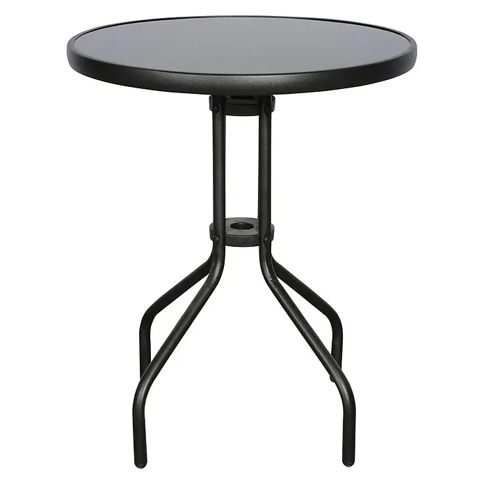 Ebuy24 Gartentisch rund Aske - Ø x H: 60 x 70 cm, Metall, Glas, Schwarz, Stapelbar - Dunkelgrauer Gartentisch aus Metall mit runder Glasplatte und stabilen Dreibeinbeinen.