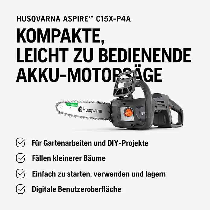 Husqvarna Akku-Kettensäge Aspire C15X-P4A - 18 V, 4 Ah, Li-Ionen, 1 Akku, Schwertlänge: 25 cm - Eine kompakte, schwarz-graue Husqvarna Aspire C15X-P4A Akku-Kettensäge mit orangefarbenen Akzenten und X-Precision Schiene.