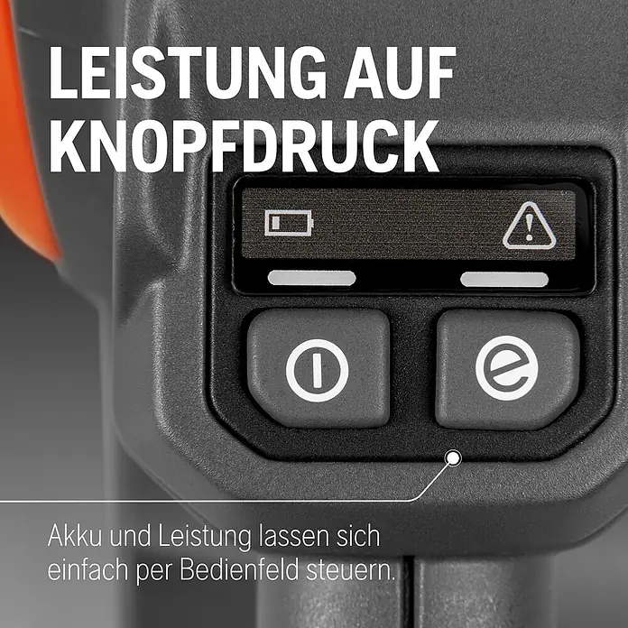 Husqvarna Akku-Kettensäge 225i - 36 V, Li-Ionen, Ohne Akku, Schwertlänge: 35 cm - Dunkelgraues Bedienfeld mit Ein-/Aus- und Modus-Tasten und Digitalanzeige für Akku und Warnung. Einfache Akku- und Leistungssteuerung.