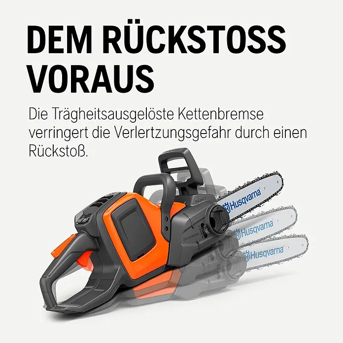 Husqvarna Akku-Kettensäge 225i - 36 V, Li-Ionen, Ohne Akku, Schwertlänge: 35 cm - Orange-graue Husqvarna Kettensäge mit aktivierter Trägheitskettenbremse, die das Rückstoßrisiko mindert.