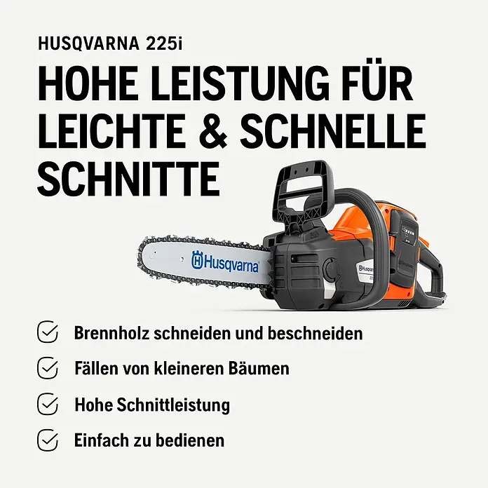 Husqvarna Akku-Kettensäge 225i - 36 V, Li-Ionen, Ohne Akku, Schwertlänge: 35 cm - Orange-schwarze Husqvarna 225i Kettensäge mit Metallsägeblatt und Kette, beworben als leistungsstark für schnelle Schnitte.