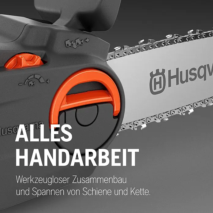 Husqvarna Akku-Kettensäge Aspire C15X-P4A - 18 V, 4 Ah, Li-Ionen, 1 Akku, Schwertlänge: 25 cm - Detailaufnahme einer grauen Husqvarna Kettensäge mit orangem werkzeuglosem Kettenspanner, zeigt Schiene und Kette.