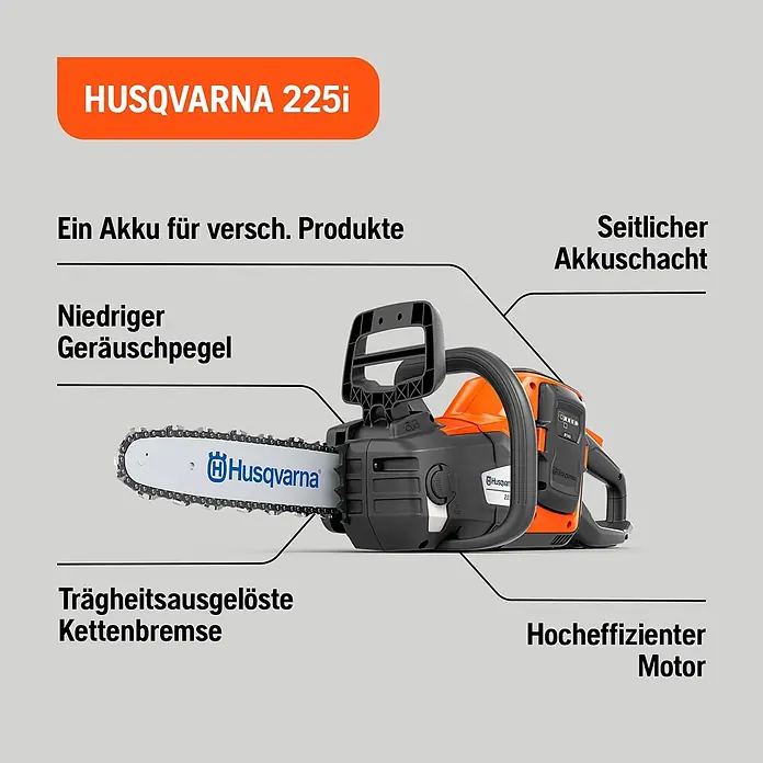 Husqvarna Akku-Kettensäge 225i - 36 V, Li-Ionen, Ohne Akku, Schwertlänge: 35 cm - Orange-schwarze Husqvarna 225i Akku-Kettensäge, mit Hervorhebungen wichtiger Funktionen.