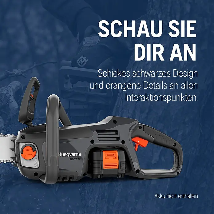 Husqvarna Akku-Kettensäge Aspire C15X-P4A - 18 V, Li-Ionen, Ohne Akku, Schwertlänge: 25 cm - Husqvarna Aspire Kettensäge in Schwarz mit orangen Bedienelementen.