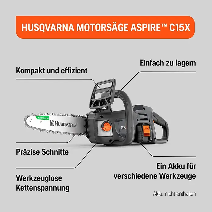 Husqvarna Akku-Kettensäge Aspire C15X-P4A - 18 V, Li-Ionen, Ohne Akku, Schwertlänge: 25 cm - Schwarze und orangefarbene Husqvarna Aspire C15X Akku-Kettensäge mit silberner Führungsschiene. Kompakt, einfach zu lagern und akkubetrieben.