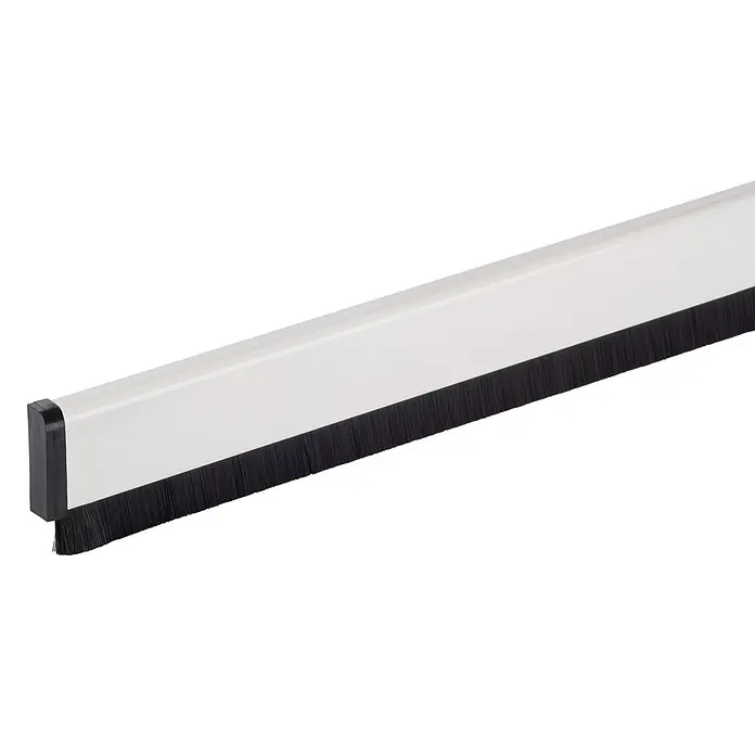 KÄLTESTOPP Türbodendichtung Automatik - Weiß, 1 m, Spaltenbreiten bis 15 mm - Weißer Bürstendichtung mit schwarzen Borsten und Endkappe, zur Abdichtung von Türen oder Spalten.