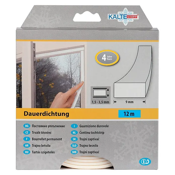 KÄLTESTOPP Dauerdichtung - Weiß, 12 m x 9 mm x 4 mm, Spaltenbreiten 1,5 - 3,5 mm - KÄLTESTOPP Dauerdichtung, beiger Schaumstoffstreifen, 9mm breit, für 1,5-3,5mm Spalten, 12m, 4 Jahre haltbar, am Fenster gezeigt.