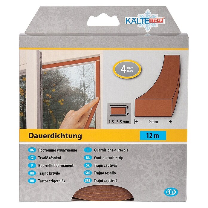 KÄLTESTOPP Dauerdichtung (Braun, 12 m x 9 mm x 4 mm, Spaltenbreiten 1,5 - 3,5 mm)