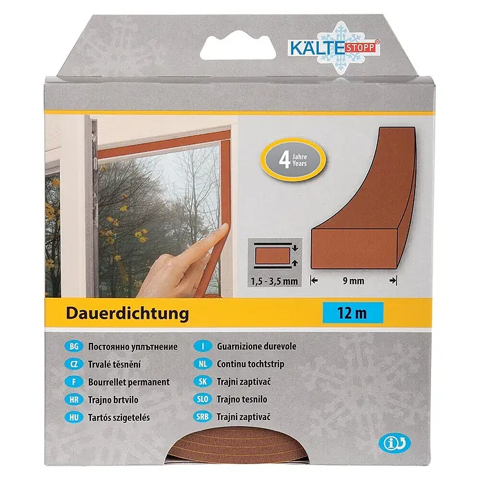 KÄLTESTOPP Dauerdichtung - Braun, 12 m x 9 mm x 4 mm, Spaltenbreiten 1,5 - 3,5 mm - Braunes Dichtungsband (12m) für Fenster, 9mm breit, für Spalten 1,5-3,5mm, 4 Jahre haltbar. Marke KÄLTESTOPP.