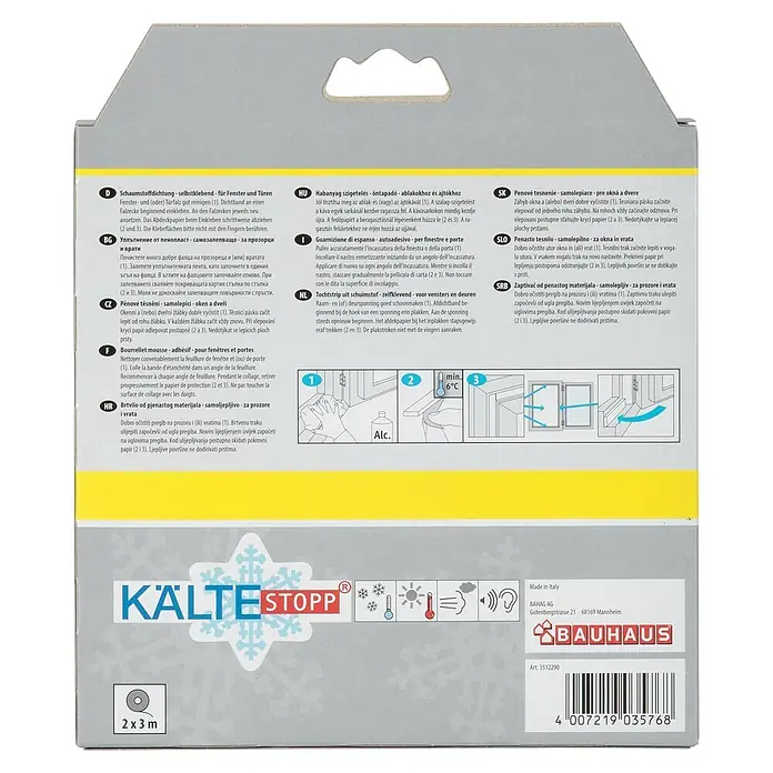 KÄLTESTOPP Schaumstoffdichtung - Weiß, 6 m x 10 mm x 4 mm, Spaltenbreiten 1 - 3,5 mm - Schaumstoffdichtung selbstklebend für Fenster und Türen, 2x3m, auf Verpackung mit mehrsprachigen Anweisungen.
