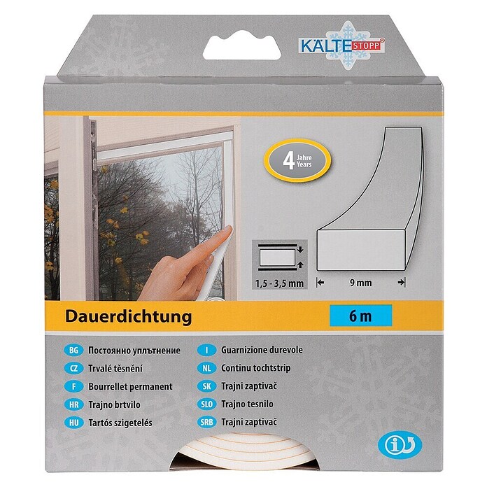 KÄLTESTOPP Dauerdichtung (Weiß, 6 m x 9 mm x 4 mm, Spaltenbreiten 1,5 - 3,5 mm)