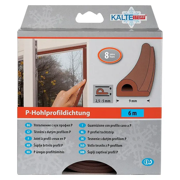 KÄLTESTOPP P-Profildichtung - Braun, 6 m x 9 mm x 5,5 mm, Spaltenbreiten 2 - 5 mm - Braune P-Hohlprofildichtung, 6m lang, zur Zugluftabdichtung an einem Fensterrahmen gezeigt.
