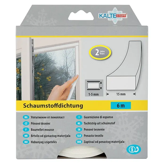 KÄLTESTOPP Schaumstoffdichtung - Weiß, 6 m x 15 mm x 6 mm, Spaltenbreiten 1 - 5 mm - KALTESTOPP Schaumstoffdichtung (6m) für 1-5mm Fensterspalten, auf Verpackung mit Anwendungsbeispiel am Fenster gezeigt.