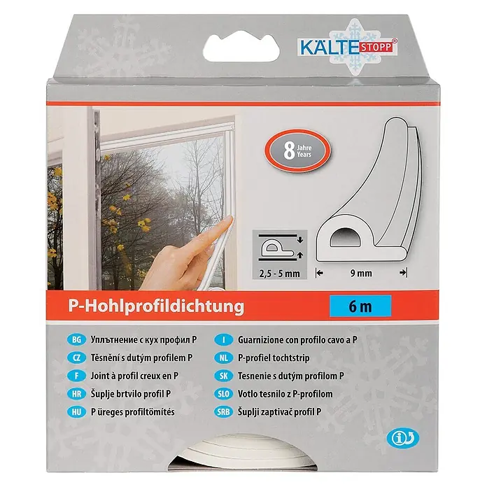 KÄLTESTOPP P-Profildichtung - Weiß, 6 m x 9 mm x 5,5 mm, Spaltenbreiten 2 - 5 mm - KÄLTESTOPP P-Profil Dichtungsband (6m, weiß) auf Verpackung, zeigt Fensteranwendung & 8 Jahre Haltbarkeit.