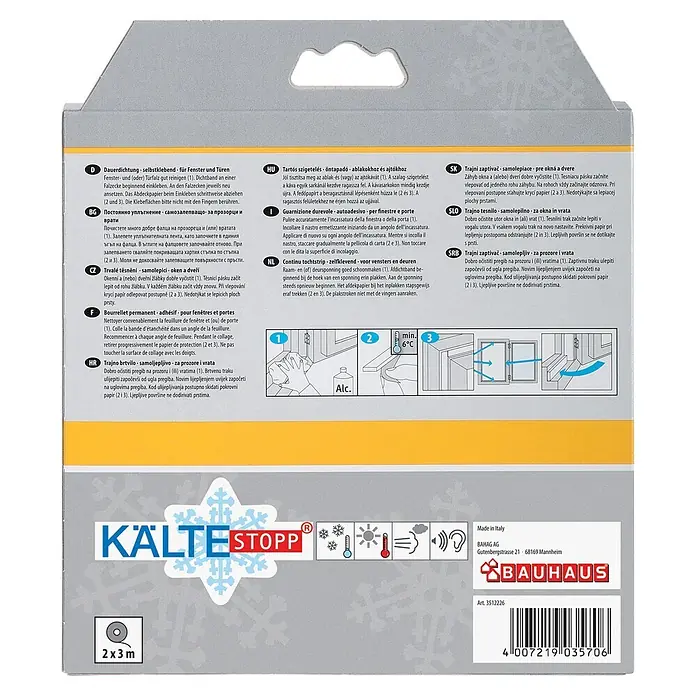 KÄLTESTOPP Dauerdichtung - Braun, 6 m x 9 mm x 4 mm, Spaltenbreiten 1,5 - 3,5 mm - Graue und gelbe KÄLTESTOPP-Verpackung für 2x3m selbstklebendes Dichtungsband für Fenster und Türen, mit Anleitung und Vorteilsikonen.