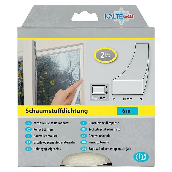KÄLTESTOPP Schaumstoffdichtung - Weiß, 6 m x 10 mm x 4 mm, Spaltenbreiten 1 - 3,5 mm - KÄLTESTOPP Schaumstoffdichtung für Fenster/Türen, 6m lang, 10mm breit, 1-3,5mm stark. Packung zeigt Anwendung & 2 Jahre Haltbarkeit.