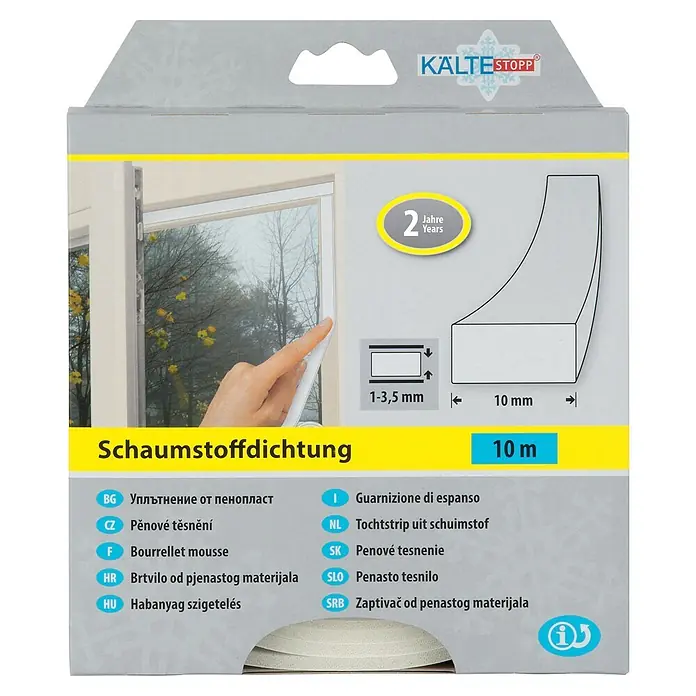KÄLTESTOPP Schaumstoffdichtung - Weiß, 10 m x 10 mm x 4 mm, Spaltenbreiten 1 - 3,5 mm - Selbstklebende weiße Schaumstoffdichtung, 10 m lang, 10 mm breit, für 1-3,5 mm Spalten, auf Verpackung mit Fensteranwendung.