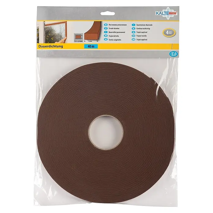 KÄLTESTOPP Dauerdichtung - Braun, 40 m x 9 mm x 4 mm, Spaltenbreiten 1,5 - 3,5 mm - Braune Schaumstoff-Dauerdichtung auf Rolle für Fenster/Türen, 9mm breit, 40m lang.