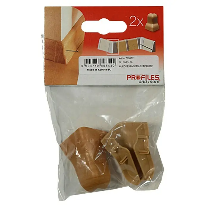 Profiles and more Außenecke SU18/FU18 - Birne golden, 2 Stk. - Eine Packung mit zwei braunen Eckprofilen von PROFILES and more, verpackt in einer durchsichtigen Plastiktüte mit rotem Kartonaufhänger.