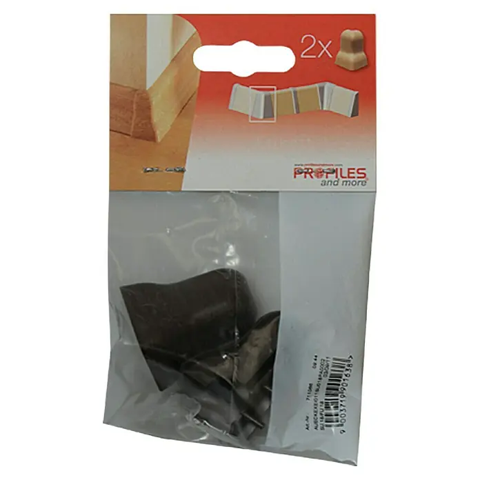 Profiles and more Außenecke SU18/FU18 - Achateiche, 2 Stk. - Ein verpacktes Set aus zwei dunklen Sockelleisten-Abschlussstücken, die zur Abdeckung von Sockelleistenenden verwendet werden.