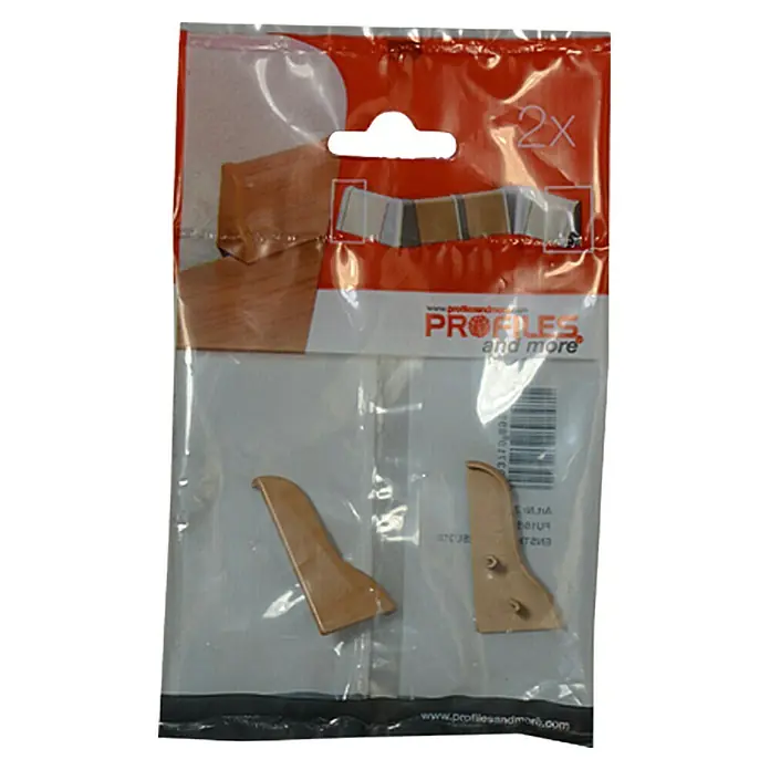Profiles and more Endkappe SU18/FU18 - Birne golden, 2 Stk. - Verpackung mit zwei braunen Eckprofilen für den Innenausbau, ideal für saubere Übergänge und ästhetische Akzente.
