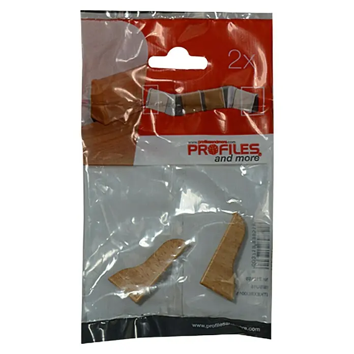 Profiles and more Endkappe SU18/FU18 - Buche gedämpft, 2 Stk. - Abgebildet ist eine Packung mit zwei Holzprofilen von Profiles and more, verpackt in einer transparenten Kunststoffverpackung.