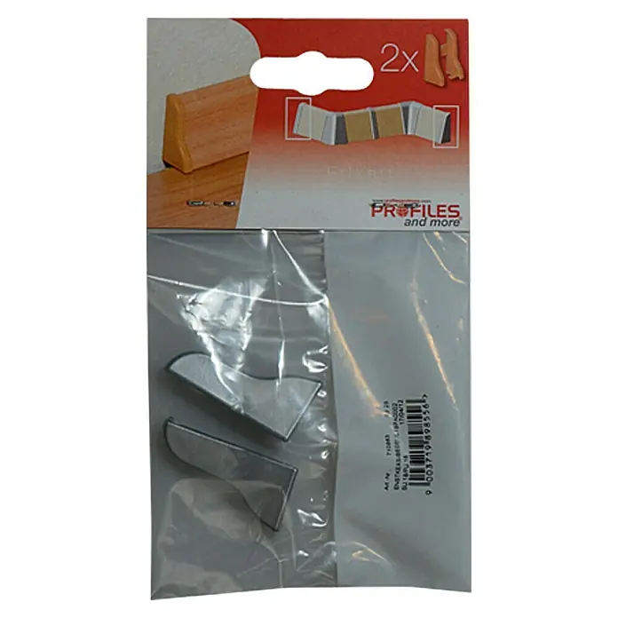 Profiles and more Endkappe SU18/FU18 - Silber, 2 Stk. - Verpackung mit zwei silbernen Profilen für Fußleisten, die eine stilvolle Ergänzung für jeden Raum darstellen.
