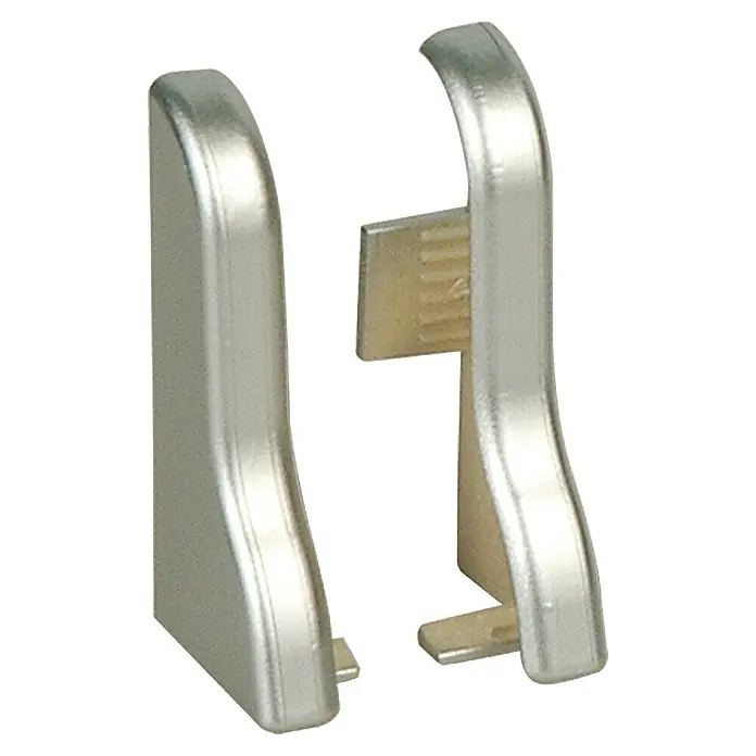 Profiles and more Endkappe SU18/FU18 - Silber, 2 Stk. - Nahaufnahme von zwei silberfarbenen Kabelendkappen mit hervorstehenden Metalllaschen für eine sichere Kabelverbindung.