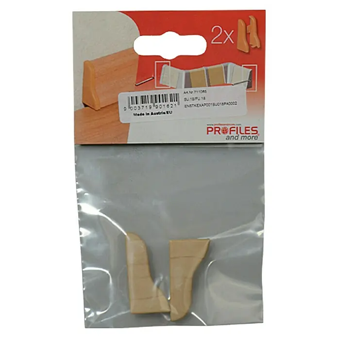 Profiles and more Endkappe SU18/FU18 - Apfel, 2 Stk. - Eine Packung mit zwei Holzprofilen, verpackt in einer durchsichtigen Plastiktüte, mit Produktinformationen auf der Oberseite.