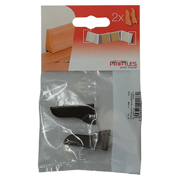 Profiles and more Endkappe SU18/FU18 - Achateiche, 2 Stk. - Ein Paar schwarze Profilecken in einer durchsichtigen Verpackung. Die Packung zeigt das "Profiles and more"-Logo und Montageanleitungen.
