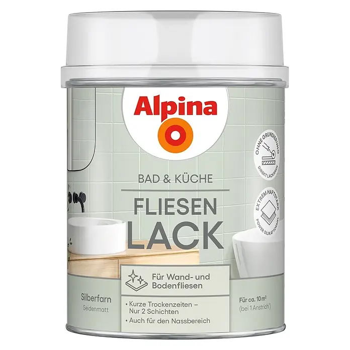 Alpina Buntlack Fliesenlack für Bad & Küche - Gold, Seidenmatt, 0,75 l, Wasserbasiert - Alpina Fliesenlack in Silberfarn, seidenmatt. Direkt auf Wand- & Bodenfliesen anwendbar, extrem haftstark.