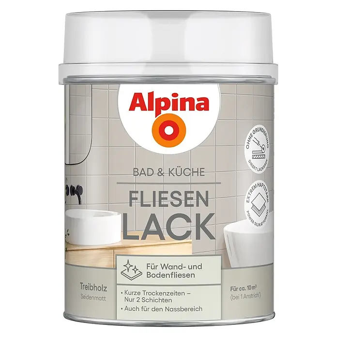 Alpina Buntlack Fliesenlack für Bad & Küche - Braun, Seidenglänzend, 0,75 l, Wasserbasiert - Alpina Fliesen Lack, Treibholz Seidenmatt, für Bad & Küche. Fliesenfarbe für Wand- und Bodenfliesen.