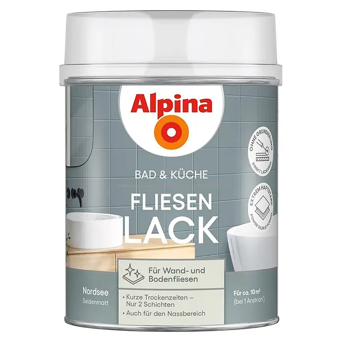 Alpina Buntlack Fliesenlack für Bad & Küche - Blau, Seidenglänzend, 0,75 l, Wasserbasiert - Alpina Fliesenlack Nordsee Seidenmatt für Bad & Küche, ohne Grundierung, hohe Haftkraft, schnelltrocknend, ca. 10m² Reichweite.