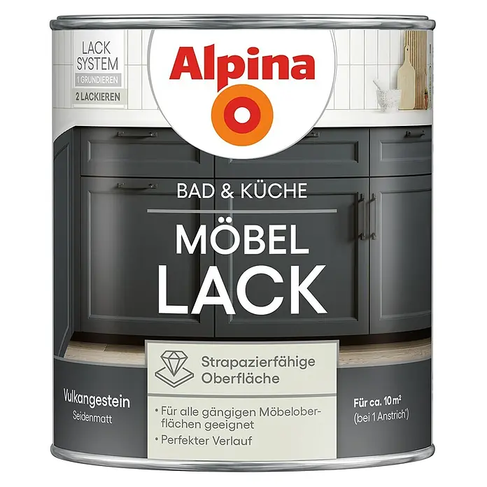 Alpina Buntlack Möbellack für Bad & Küche - Schwarz, Seidenmatt, 0,75 l, Lösemittelbasiert - Alpina Möbellack in Vulkangestein dunkelgrau, seidenmatt, für Bad und Küche, sorgt für eine strapazierfähige Oberfläche.