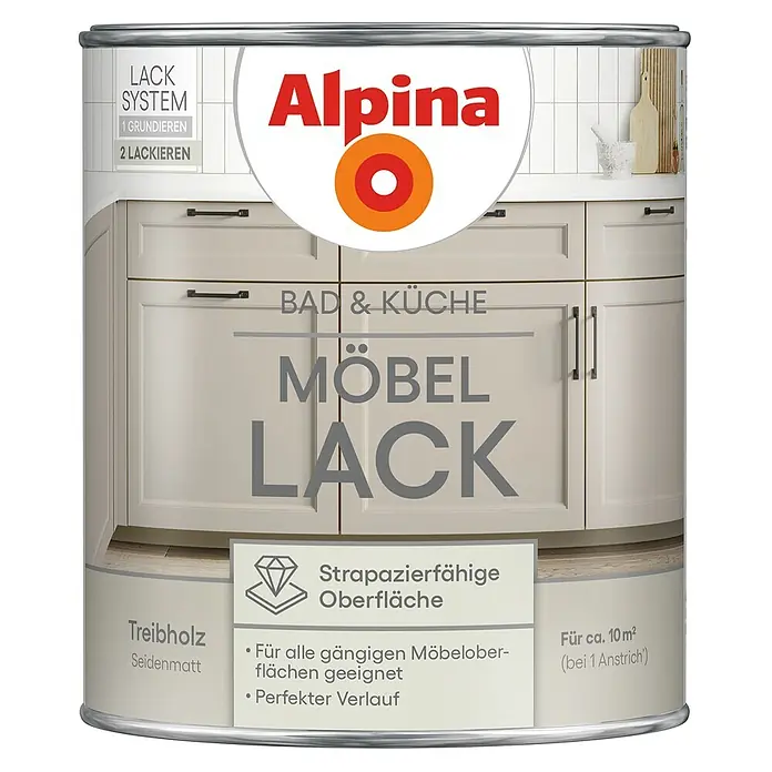 Alpina Buntlack Möbellack für Bad & Küche - Braun, Seidenmatt, 0,75 l, Lösemittelbasiert - Dose Alpina Möbel Lack in Treibholz Seidenmatt für Möbel in Bad und Küche.