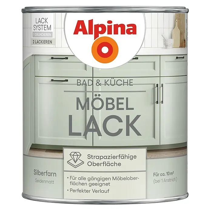Alpina Buntlack Möbellack für Bad & Küche - Gold, Seidenmatt, 0,75 l, Lösemittelbasiert - Alpina Möbel Lack, Silberfarn Seidenmatt, für Bad & Küche. Strapazierfähig, für ca. 10m².