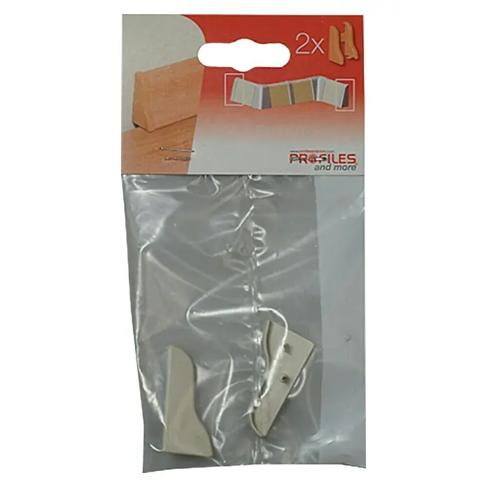 Profiles and more Endkappe SU18/FU18 - Weiß, 2 Stk. - Eine Nahaufnahme einer Packung mit zwei Profilen, die in einer transparenten Plastiktüte verpackt sind und auf einer Verkaufsverpackung präsentiert werden.