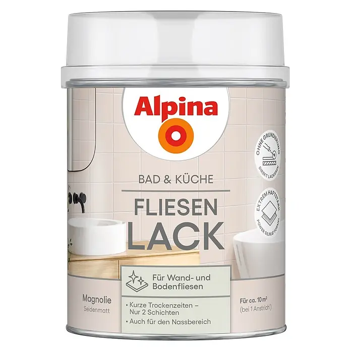 Alpina Buntlack Fliesenlack für Bad & Küche - Rosa, Seidenglänzend, 0,75 l, Wasserbasiert - Alpina Magnolie Seidenmatt Fliesenlack für Bad & Küche, Wand- & Bodenfliesen, ohne Grundierung.