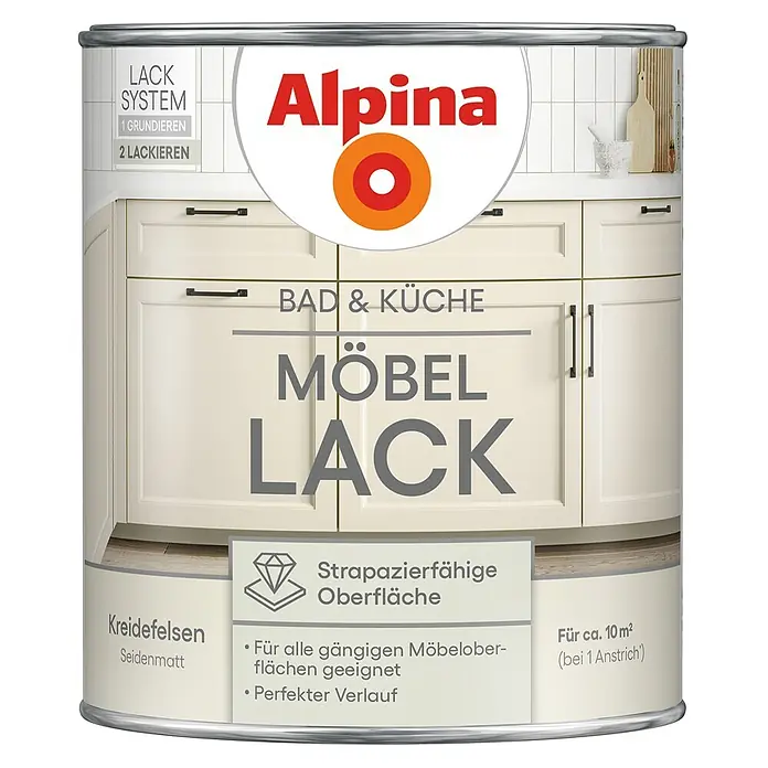 Alpina Buntlack Möbellack für Bad & Küche - Beige, Seidenmatt, 0,75 l, Lösemittelbasiert - Alpina Möbellack "Kreidefelsen Seidenmatt" für Bad & Küche. Strapazierfähiger Lack für Möbel.