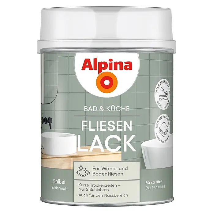 Alpina Buntlack Fliesenlack für Bad & Küche - Grün, Seidenglänzend, 0,75 l, Wasserbasiert - Alpina Fliesenlack 'Salbei Seidenmatt' für Bad & Küche, dargestellt vor gefliestem Hintergrund.
