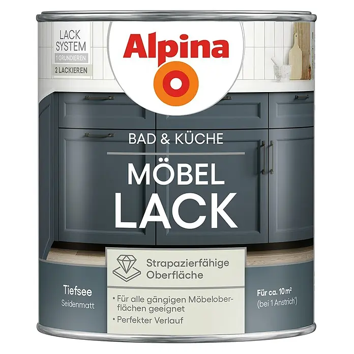 Alpina Buntlack Möbellack für Bad & Küche - Blau, Seidenmatt, 750 l, Lösemittelbasiert - Alpina Möbellack für Bad & Küche in Tiefsee Seidenmatt, strapazierfähig, deckt ca. 10m² ab.
