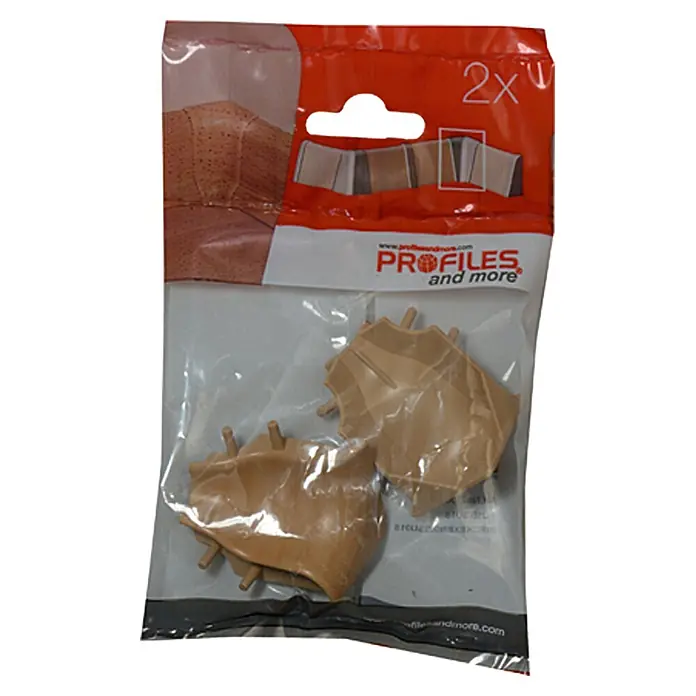 Profiles and more Innenecke SU18/FU18 - Birne golden, 2 Stk. - Verpackung mit zwei Profilen und mehr Eckverbinder, die Bodenprofile verbinden. Die Eckverbinder sind aus Kunststoff und haben eine beige Farbe.