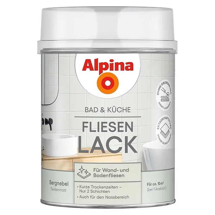 Alpina Buntlack Fliesenlack für Bad & Küche - Grün, Seidenglänzend, 0,75 l, Wasserbasiert - Alpina Fliesenlack "Bergnebel Seidenmatt" für Bad- und Küchenfliesen.