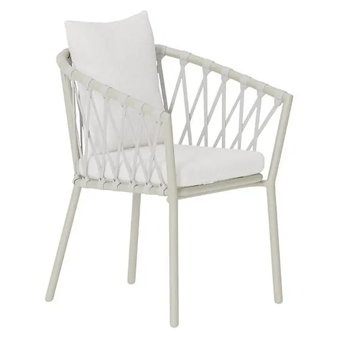 Ebuy24 Gartenstuhl Linos 2er-Set - 2 Stk., Stahl, Weiß, B x T x H: 58 x 60 x 75 cm - Heller beiger Sessel mit geflochtener Rückenlehne und Seiten, ausgestattet mit weißen Sitz- und Rückenkissen.