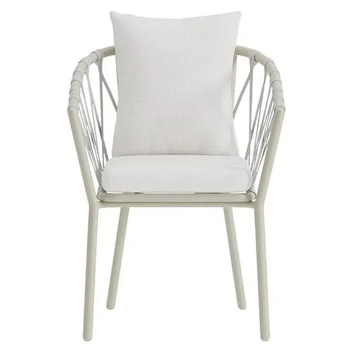 Ebuy24 Gartenstuhl Linos 2er-Set - 2 Stk., Stahl, Weiß, B x T x H: 58 x 60 x 75 cm - Hellgrauer Stuhl mit weißen Kissen und dünnen Streben an Rückenlehne und Armlehnen.