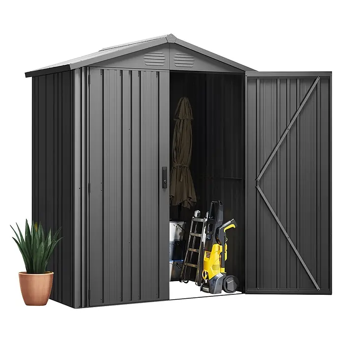 Hoggar Gerätehaus Pioneer Y20 - Außenmaß inkl. Dachüberstand (B x T): 168 x 63 cm, Stahl, Anthrazit - Dunkelgraues Gartenhaus aus Metall mit offenen Türen, das Stauraum für Gartengeräte und Ausrüstung zeigt.